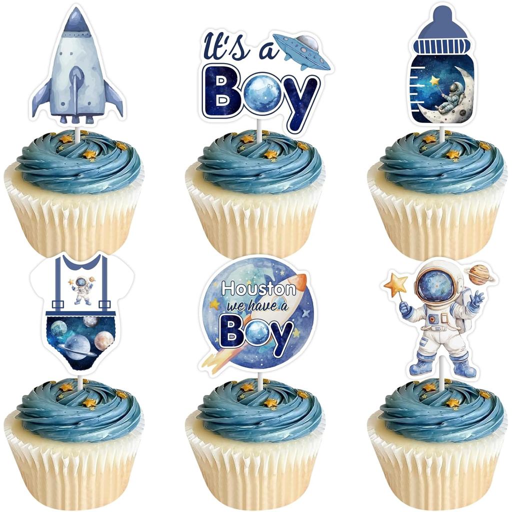 Cheereveal 36pcs Blue Outer Space Baby Shower Cupcake Toppers, Houston เรามีตกแต่งเค้กเด็ก, Planet R