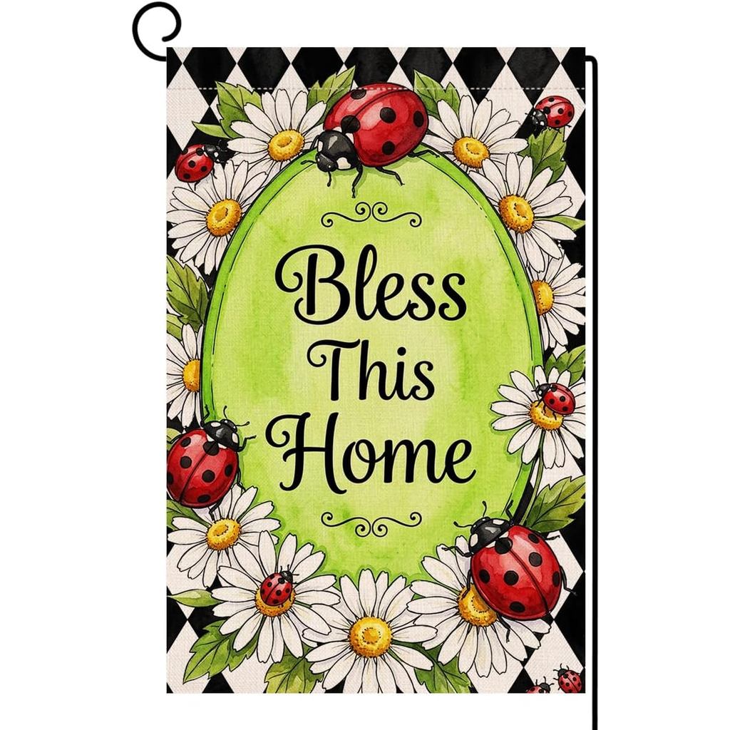 BLKWHT ฤดูใบไม้ผลิฤดูร้อน Daisy Garden Flag 12x18 แนวตั้งสองด้าน Ladybug Bless บ้านนี้ Farmhouse วัน