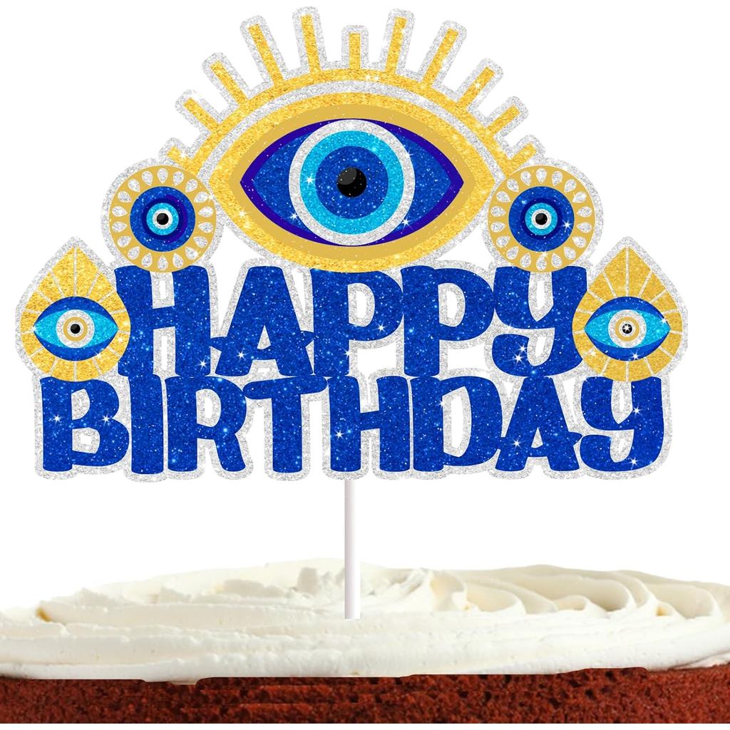 Evil Eye เค้ก Topper สําหรับสุขสันต์วันเกิด Evil Eye Party Supplies ธีมอียิปต์ตกแต่ง Blue Glitter อี