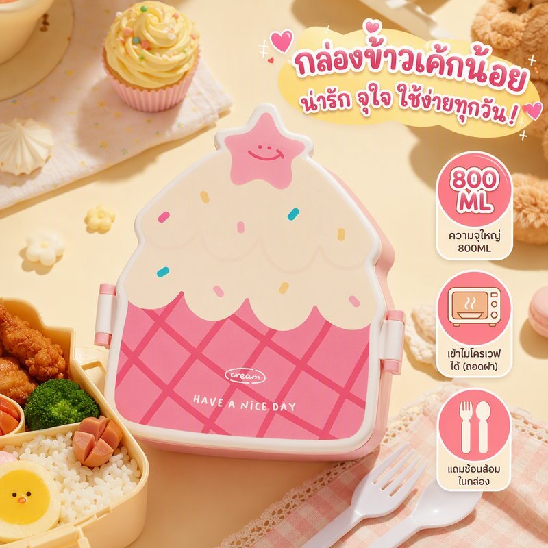 กล่องข้าว กล่องอาหารกลางวัน แบ่งช่อง ฝาปิดแน่น ไมโครเวฟได้ ลายเค้กน่ารัก พร้อมช้อนส้อม