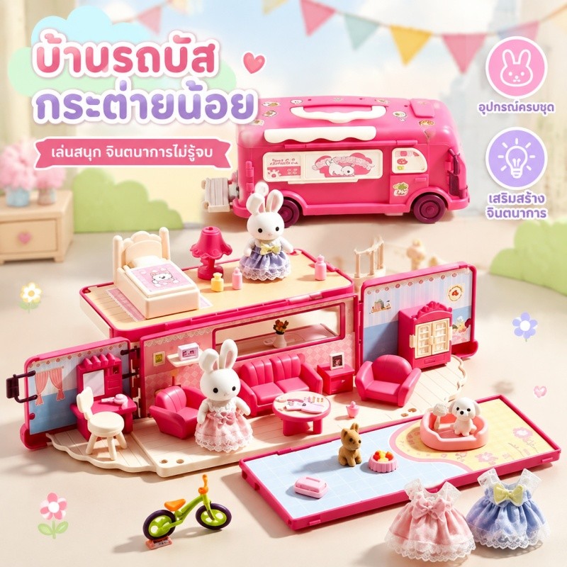 COD รถบัสบ้านเจ้าหญิง บ้านตุ๊กตารถบัสเจ้าหญิงสีชมพู ของเล่นเล่นบทบาท มีเฟอร์นิเจอร์ ของขวัญเด็กผู้หญิง
