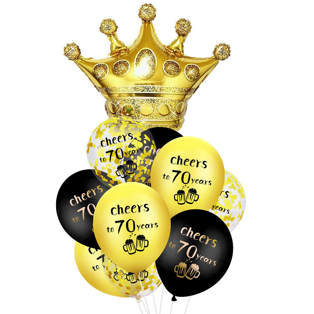 10 ชิ้นสีดําทอง Glitter Crown Cheers 70th Birthday Balloon Set – สําหรับ 16 18 21 30 40 50 60 70 80 