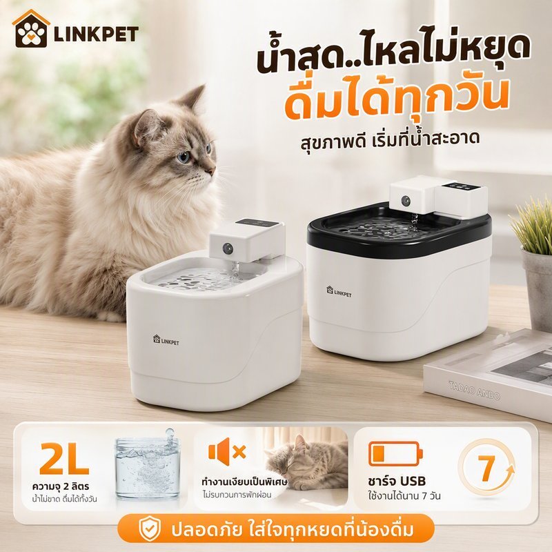 น้ำพุแมวไร้สาย ความจุน้ำ 2 ลิตร ชาร์จไฟ USB เซนเซอร์ตรวจจับอัตโนมัติ น้ำพุแมว