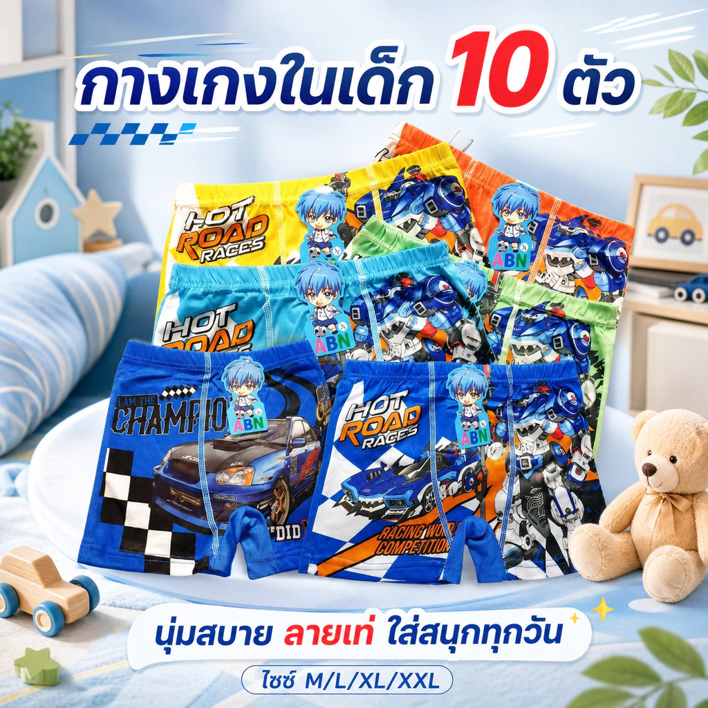กางเกงในเด็กผู้ชาย แบบมีขา ยกแพค 10 ตัว 1 ลาย คละสี ผ้าสเปนเด็กซ์ สีสดใส น่ารัก ใส่สบาย 2-12 ขวบ 6-32 กก.