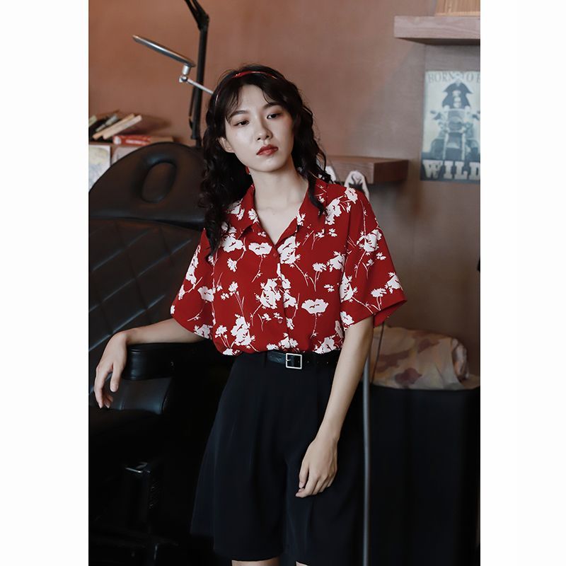 红色印花复古港风衬衫女2022夏季新款碎花宽松显瘦短袖衬衫上衣' 潮 Kong Style Retro Hong Kong Style Oil Painting Printed Short Sleev