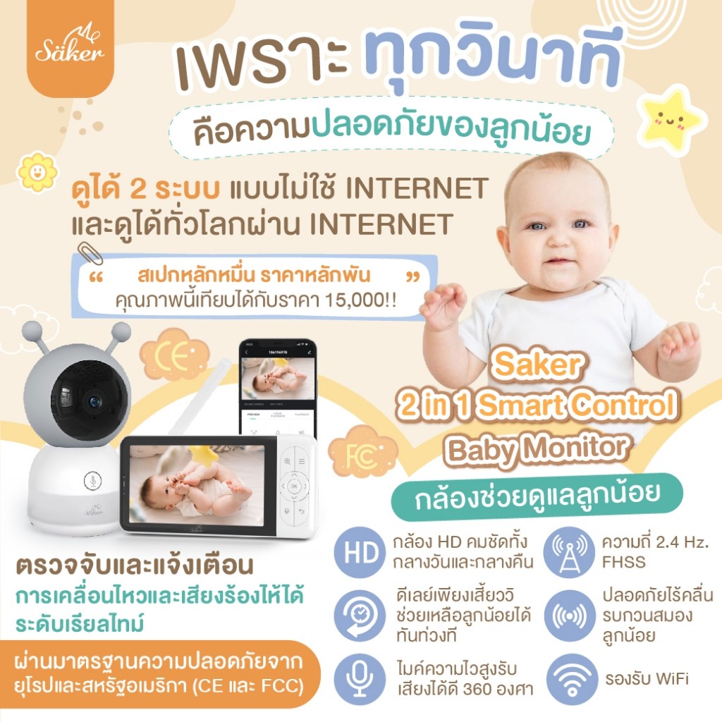 Saker BABY MONITOR กล้องดูแลลูกน้อย รุ่นใหม่! ไร้สาย ไม่ต้องใช้เน็ต 13 ฟีเจอร์สุดล้ำ (คลื่นปลอดภัย)