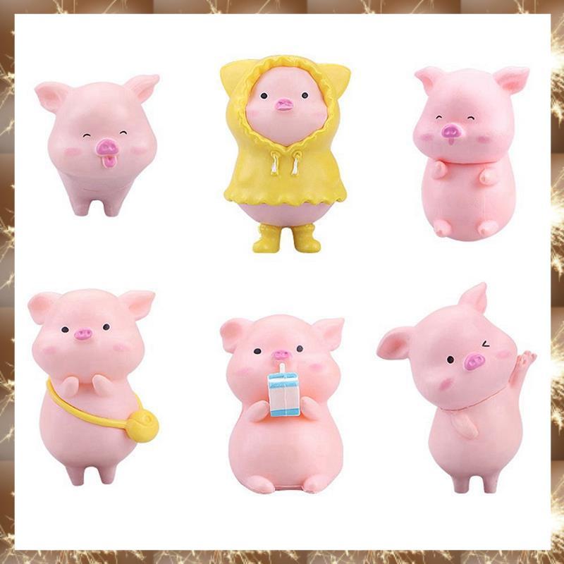 (Y OK N)6 PCS พลาสติกสีชมพูหมูน่ารัก DIY หัตถกรรมเรซิ่นหมูเค้กตกแต่ง Fairy Garden ตกแต่งปาร์ตี้