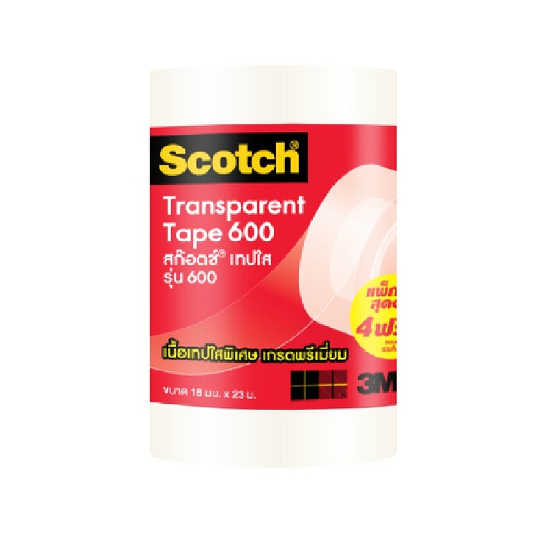 SCOTCH เทปใส 600 แกน 1 นิ้ว ขนาด 3/4 นิ้ว x 25 หลา (แพ็ค 4 แถม 1 ม้วน)