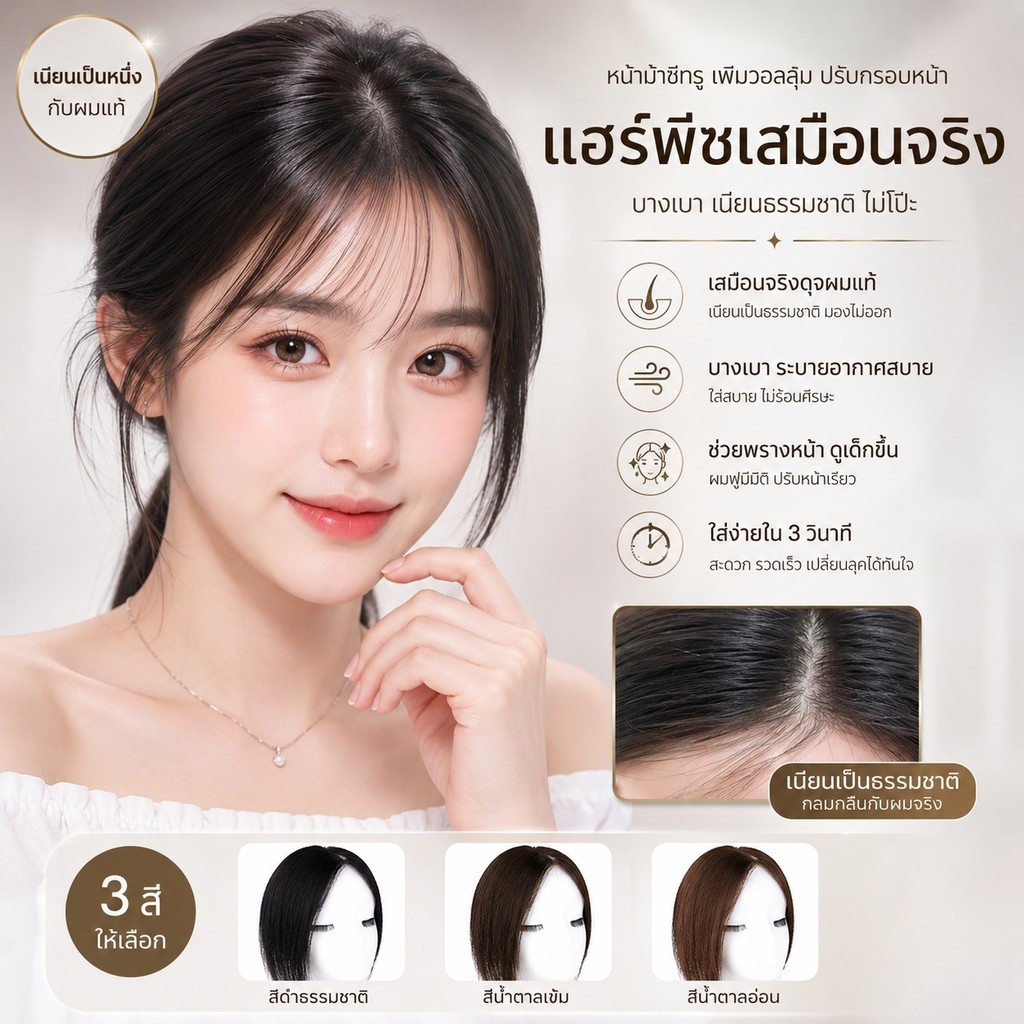 ขายร้อน ชิ้นวิกผมแฮร์พีชวิกผมหน้าม้าแบบธรรมชาติระบายอากาศดียกกระชับเพิ่มผมหนาปิดผมหงอกปิดผมบางดูเด็กลงสำหรับสาวเกาหลี