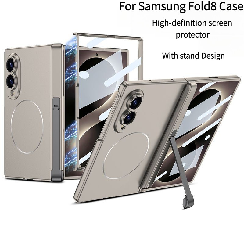สําหรับ Samsung Galaxy Z Fold8 เคสบานพับแม่เหล็ก, ตัวป้องกันหน้าจอกระจกนิรภัยในตัว, แหวนแม่เหล็ก MagSafe, ขาตั้งแบบปรับได้คลุมทั้งหมดปลอกโทรศัพท์กันกระแทก