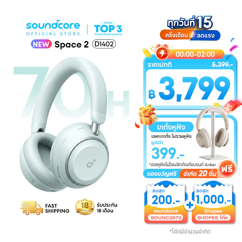 [NEW] ANKER Soundcore Space 2 หูฟังครอบหู ANC 3.0 headphones 50H ชาร์จเร็ว หูฟังบลูทูธไร้สาย LDAC Hi-Res บลูทูธ6.1 D1402