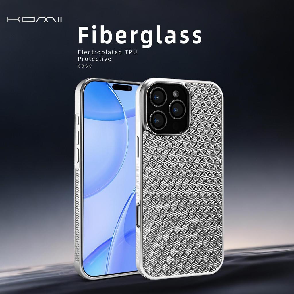 KOMII-fiberglass เคสโทรศัพท์ตารางสีเงินสําหรับ iPhone 17air 16 15 14 13 18 pro max การออกแบบชุบเงิน