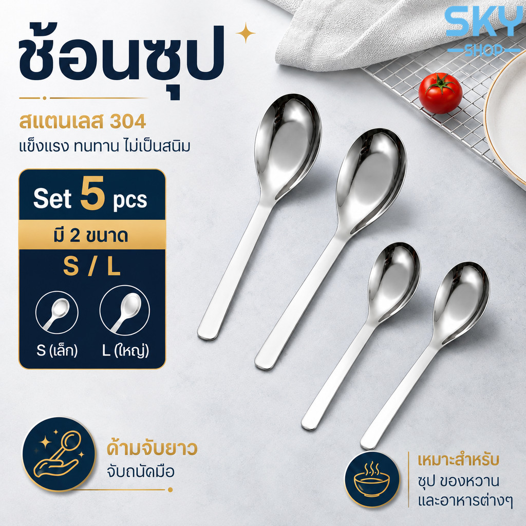SKY ช้อนซุป ช้อนเกาหลี มี 2 ขนาดไห้เลือก ช้อนกลาง ช้อนสแตนเลส หนาไม่บาดปาก น้ำหนักพอดี หนาขึ้นกว่าเดิม ด้ามจับยาว