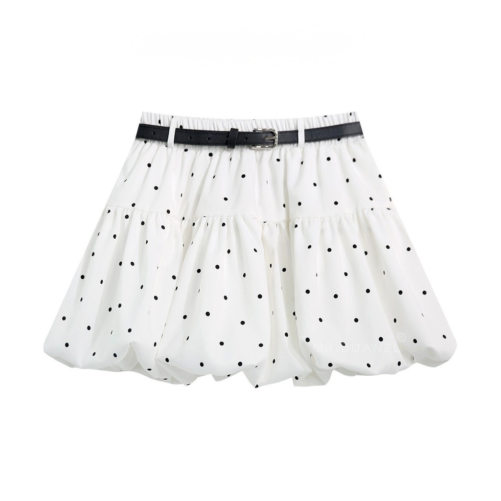 (ไม่แถมเข็มขัด) กระโปรงลายจุด Polka Dot กระโปรงทรงงุ้ม เอวยางยืด มีกางเกงซับใน สไตล์เกาหลี แมทช์ง่าย