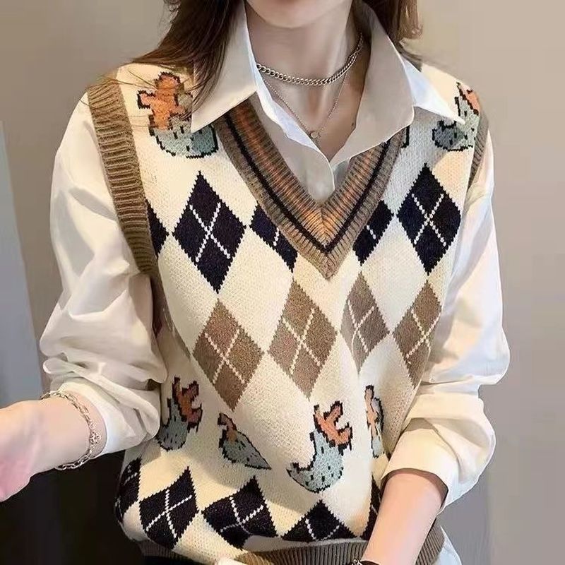 马甲女新款专柜秋冬款针织衫马甲女坎肩菱形格毛衣背心马夹女8/14 New women's autumn and winter style, knitted sweater vest, women's 