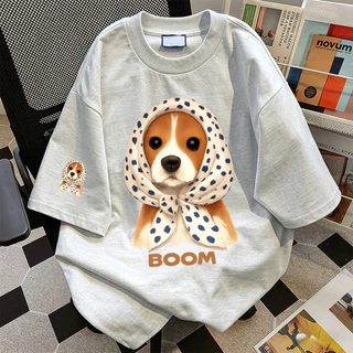 เสื้อยืดโอเวอร์ไซซ์ผู้หญิง ผ้านุ่มหนา Polka dot bandana Corgi แฟชั่นสไตล์เกาหลี