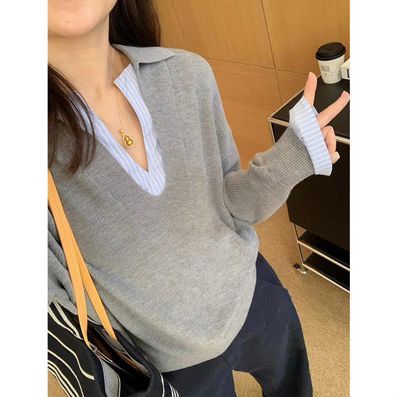 XUWENN ชุด MIAOSHA หลวมรู้สึกแฟชั่น Contrast สีปลอมสองชิ้นเย็บลายเสื้อกันหนาวผู้หญิงฤดูใบไม้ร่วงฤดูห