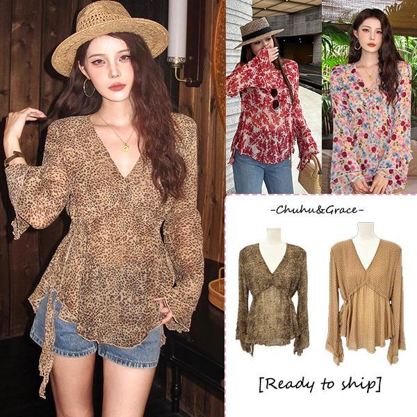 mimi-เสื้อผู้หญิงสไตล์ฝรั่งเศส ทำจากผ้าชีฟองพิมพ์ลาย แขนยาวทรงระฆัง เอวเข้ารูป คอวี เนื้อผ้าเบาสบาย OOTD-99570/71/72/73