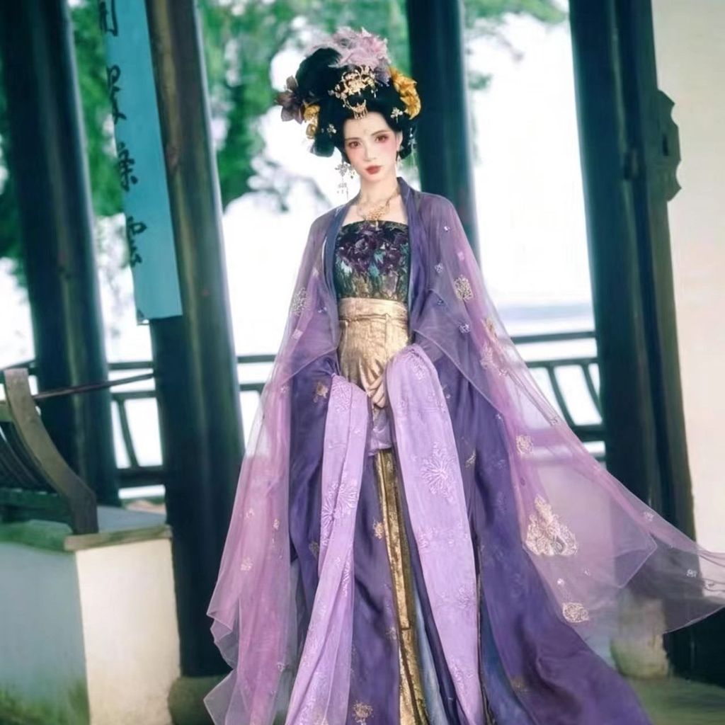 [Meet and Happy] Hanfu Tang Bronzing เลื่อมปักด้านบนกระโปรงหักสีม่วงปัก Fairy Fluffy Big Sleeve เสื้อ 8.18 J