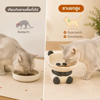 ชามอาหารแมวเซรามิก ชามยกสูง ปกป้องคอ สำหรับแมวและสุนัข กินสบาย ทำความสะอาดง่าย ดีไซน์น่ารัก