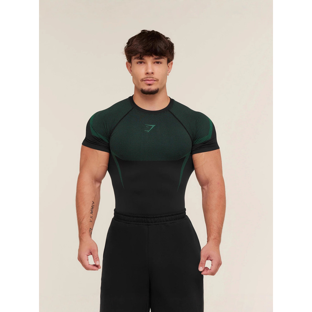 SHARK/ONYX เสื้อยืดผู้ชายกีฬาฟิตเนส Quick-Drying Breathable ยืดรอบคอแขนสั้นการฝึกอบรมชุด GYMSHARK/ON