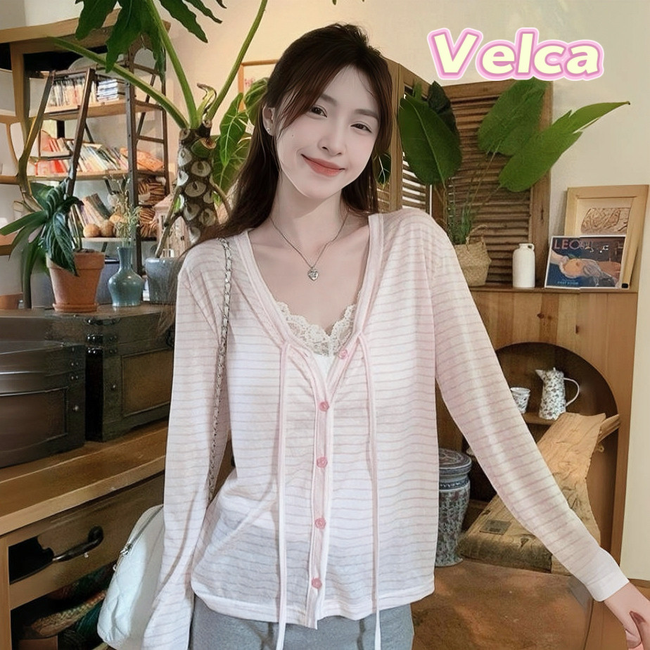 Velca ส่งไวจากไทย เสื้อกันแดดผู้หญิง แขนยาว ลายทาง ทรงหลวม ใส่สบาย แมทช์ง่าย 2 สี