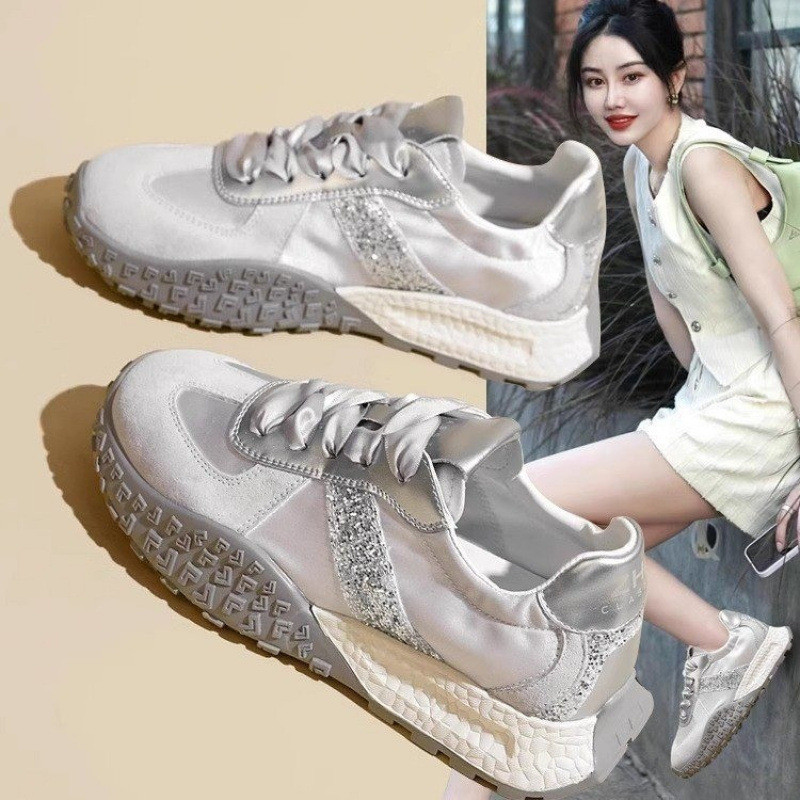 Ladies Satin Leather Mix Retro รองเท้าผ้าใบ Chunky Sole Lace-up Sport Casual Walking Shoes