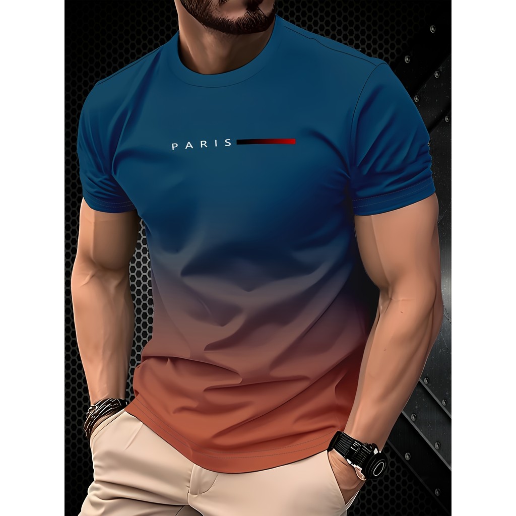 เสื้อยืดพิมพ์ลายดิจิตอล 3D สําหรับผู้ชาย Paris Text Logo Blue Orange Gradient Short Sleeve Casual Te