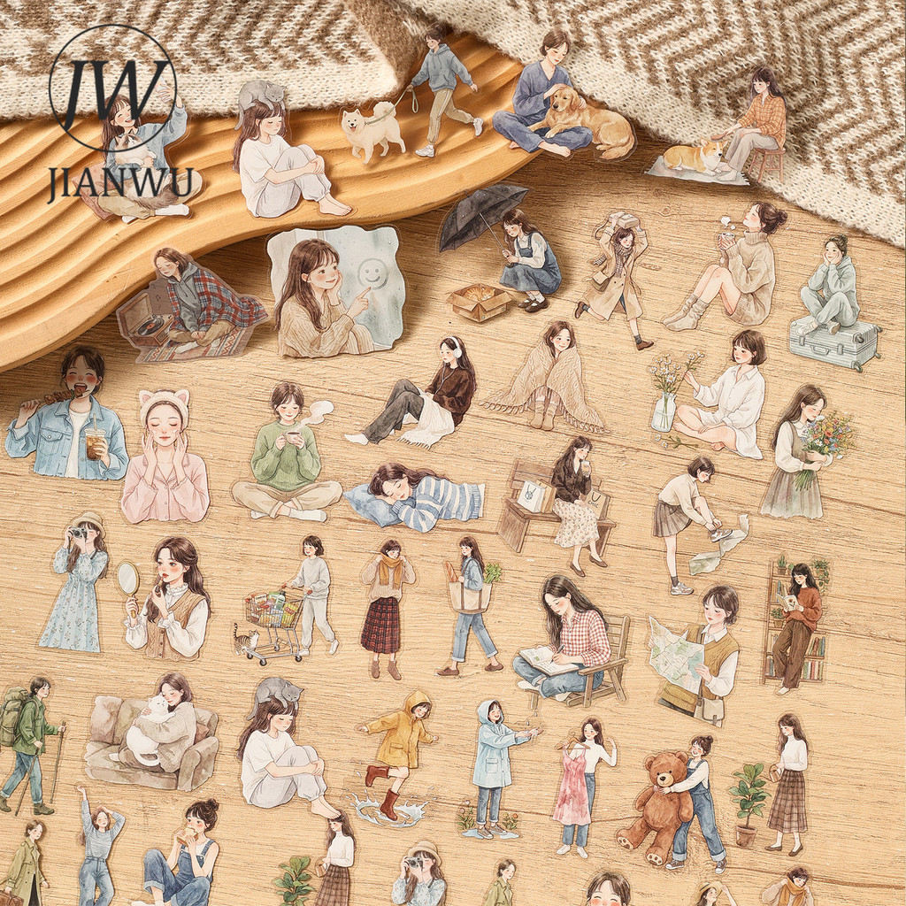 JIANWU สาวน่ารักชีวิตตัวละครภูมิทัศน์วัสดุ Collage Scrapbooking PET สติกเกอร์ Creative DIY Journal เครื่องเขียน