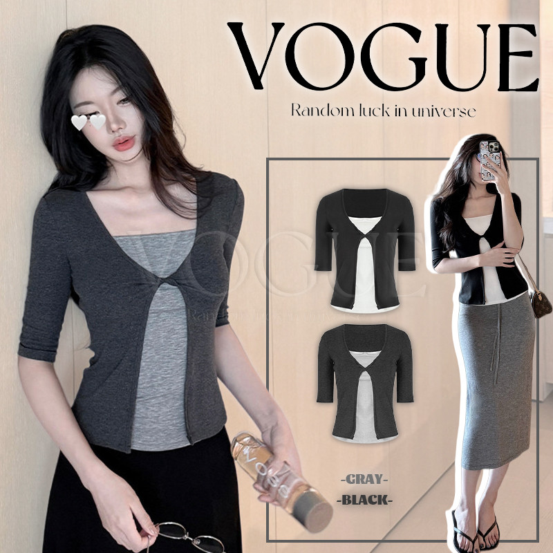 Vogue พร้อมส่ง เสื้อยืดแขนสามส่วน ดีไซน์เย็บติดกันกระชับสัดส่วน สวยทุกชุดรุ่นใหม่ฤดูร้อน (2554)