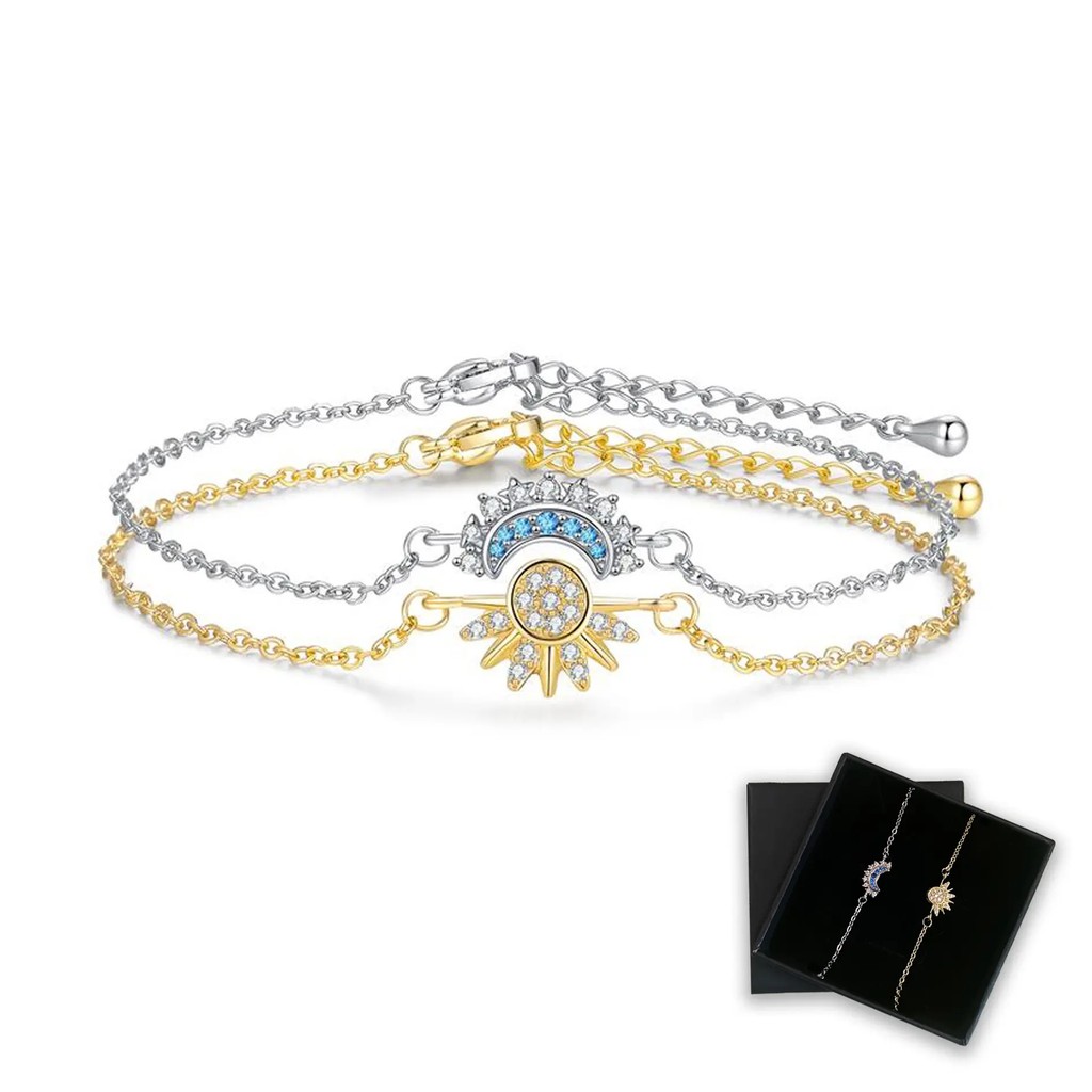 ชุดสร้อยข้อมือ Sun and Moon สําหรับเพื่อน สําหรับพี่สาว สร้อยข้อมือทอง Sun & Moon สีฟ้าซ้อนได้ คู่/เ