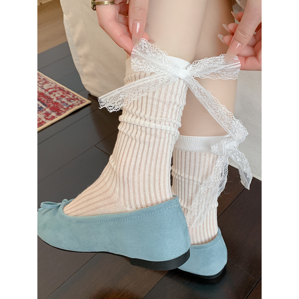 Bow Socks Women Summer Thin White Pile Socks Summer Breathable Mesh Socks miu Series Ballet Style So