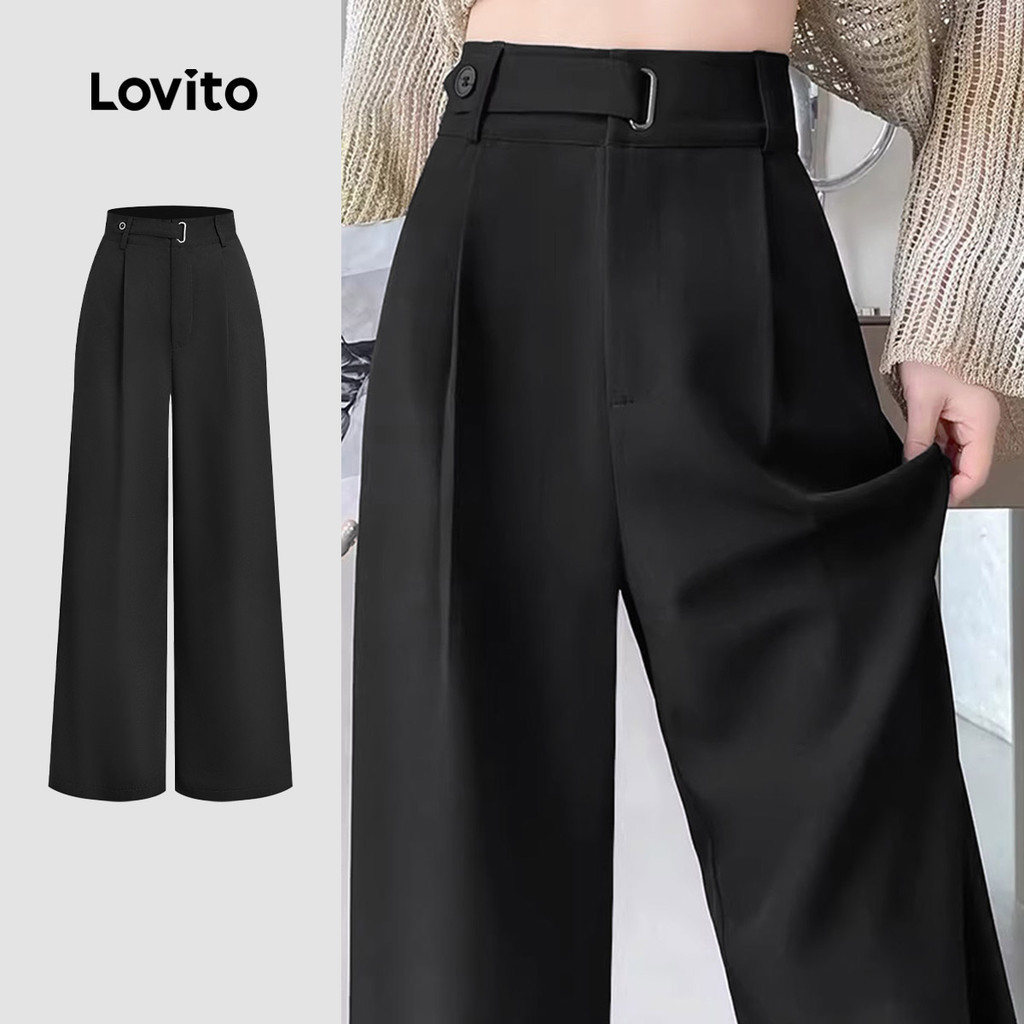 Lovito สง่างาม กางเกงผู้หญิงสีดําสําหรับฤดูใบไม้ผลิ/ฤดูร้อน เกาหลี อินเทรนด์ L179AD126