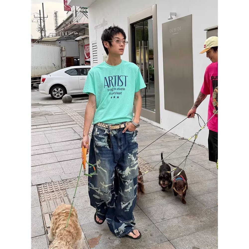 Oink oink Oink Same Style Ripped 3D Printing Punk Chain Straight Jeans