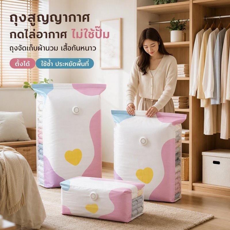 ถุงสูญญากาศไม่ใช้ปั๊ม กดไล่อากาศ ประหยัดพื้นที่ ทรงตั้งได้ ใช้ซ้ำได้ เก็บเสื้อผ้า-ผ้านวม