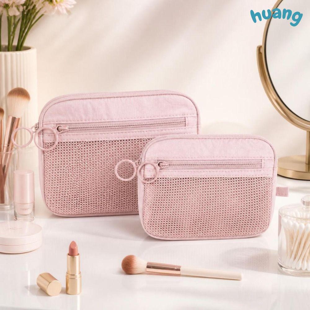 LONNG Travel Organizer,Double Layer Pink Mesh Storage Pouch, Zipper Nylon Portable Cosmetic Bag for 