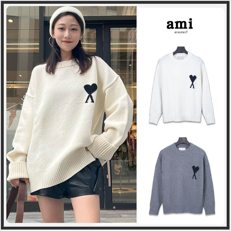 Ami arauneif Sweater Classic Style Jacquard Heart Round Neck Sweater All-Match Sweater