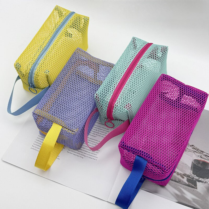 กระเป๋าเครื่องสำอางตาข่ายสีสันสดใส พกพาสะดวก ความจุใหญ่ สำหรับชายหาด