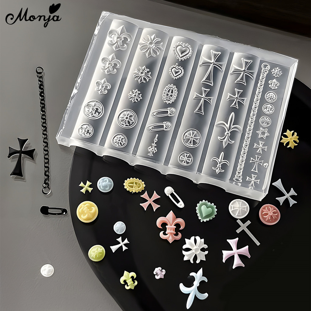 Monja เล็บแม่พิมพ์ 3D ซิลิโคนตกแต่งรูปแบบ Chrome ดอกไม้ Cross Ocean Anchor Sea Love Heart แม่แบบนํากลับมาใช้ใหม่ตกแต่ง DIY อุปกรณ์ทําเล็บออกแบบเครื่องมือ
