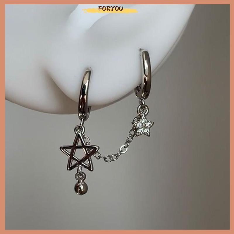 FORYOU 1PCS เงินสี Star Chain Double Ear Hole หูกระดูกเล็บ Y2K แฟชั่น Hottie ต่างหูผู้หญิงเครื่องประ