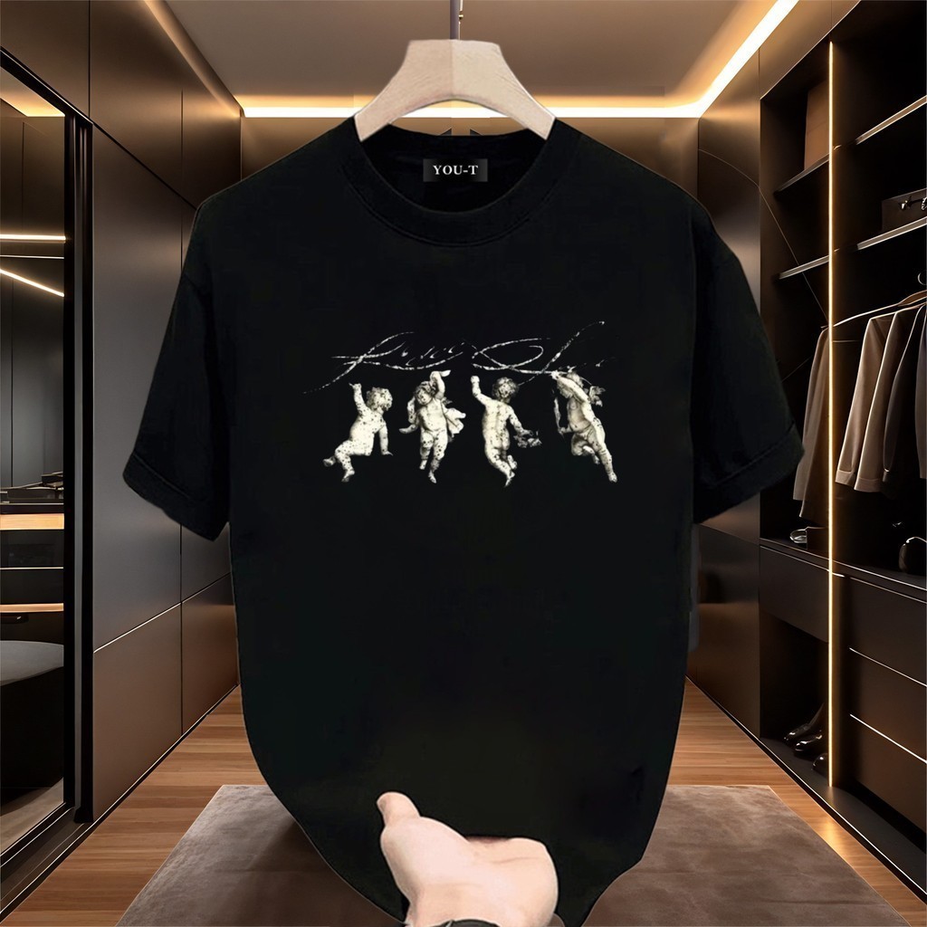 Top.basic เสื้อแฟชั่น เสื้อยืด oversize ผ้าฝ้าย แนวสตรีaท ไม่ต้องรีดผ้า สวมใส่สบาย ผ้านิ่ม ลาย "Four angels"