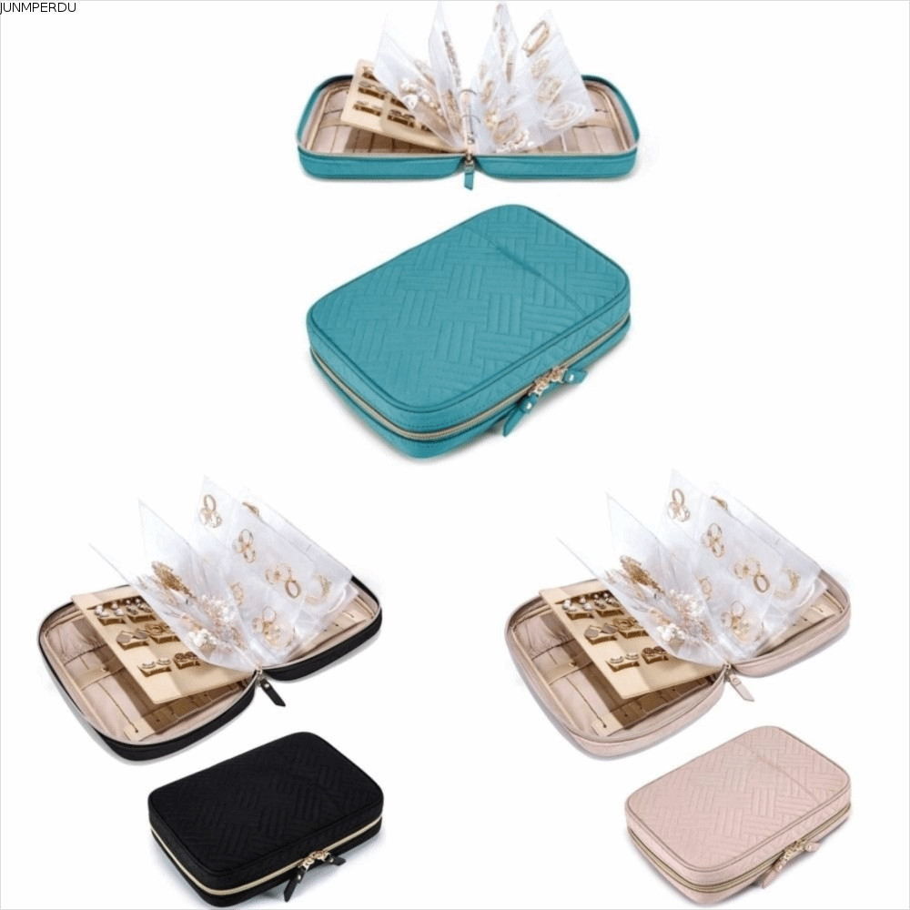 JUNMPERRD Jewellery Box,พร้อมต่างหูซิปสร้อยคอJewleryกระเป๋าเก็บของ,แบบพกพาสีทึบทําความสะอาดง่ายPUเคร