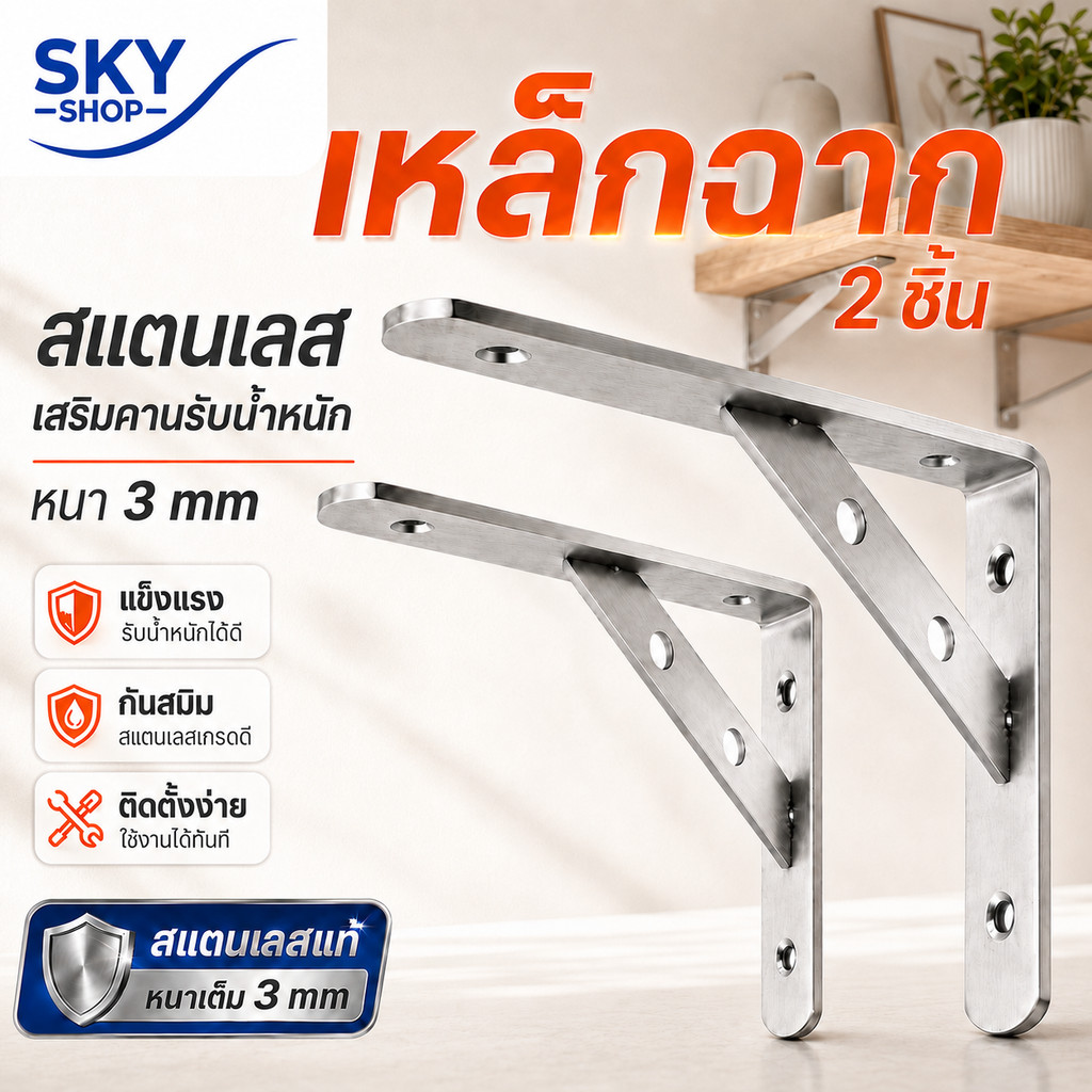 SKY เหล็กฉาก สแตนเลส 2 ชิ้น รุ่นเสริมคานรับ ฉากรับชั้นวางของ เหล็กฉากเสริมคาน ฉาก DIY หนา ฉากติดผนัง