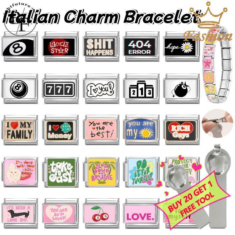 แฟชั่นข้อความภาษาอังกฤษอิตาเลี่ยน Charm สร้อยข้อมือ Fit 9 มม.สร้อยข้อมือสแตนเลส DIY เครื่องประดับทําอุปกรณ์เสริม Retro บุคลิกภาพโมดูลสร้อยข้อมืออุปกรณ์เสริม