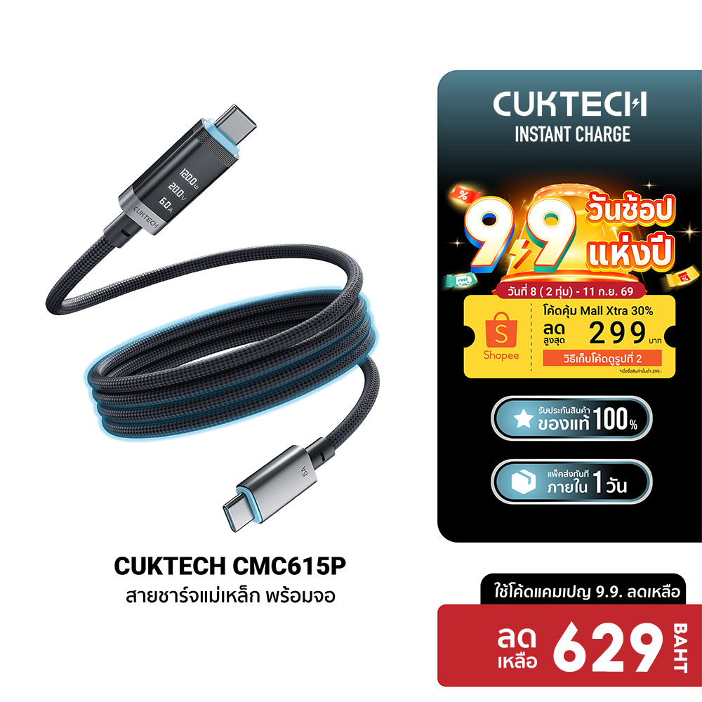 CUKTECH CMC615P 6A 240W สายชาร์จแม่เหล็ก มีจอ USB-C to USB-C รองรับการชาร์จเร็ว PD3.1 -24M