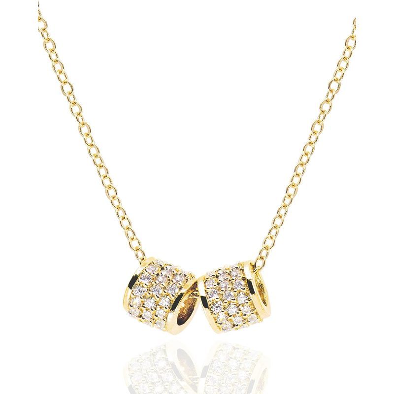 Dainty 2 Pave Ring จี้สร้อยคอสําหรับผู้หญิง • 14K Gold Plated CZ กระบอกหลอด Rondelle Charm สร้อยคอ •