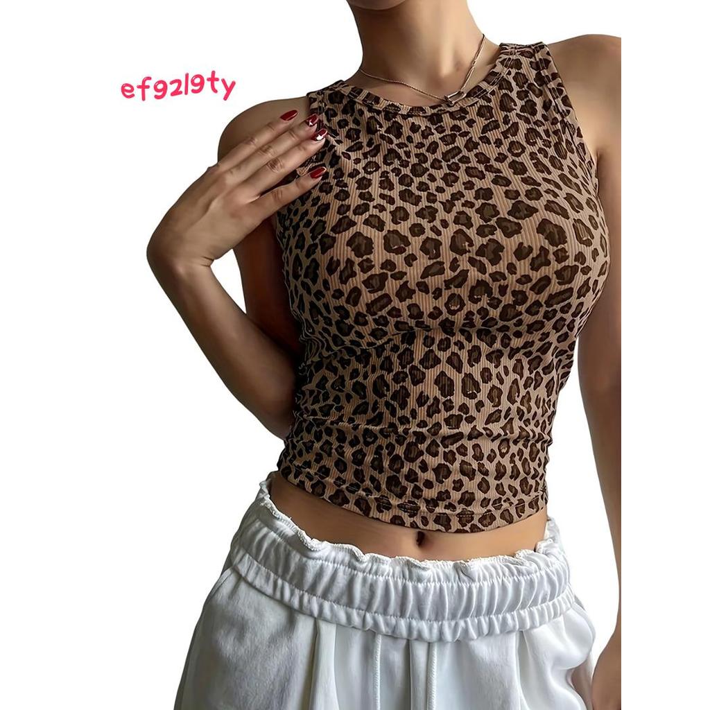 ผู้หญิงเสือดาวพิมพ์ Crop Tank Top แขนกุด Slim คอลูกเรือเสื้อลําลอง Cheetah Going Out Top สีน้ําตาลเข