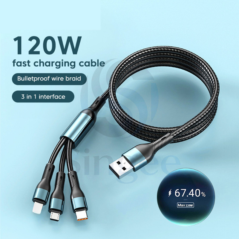 ToKerNew 120W USB C สายชาร์จเร็วสามในหนึ่งเดียว-6A ขั้วต่อสามทาง รองรับแทร็กหลายข้อ PD3.1/QC4+/ SCP 