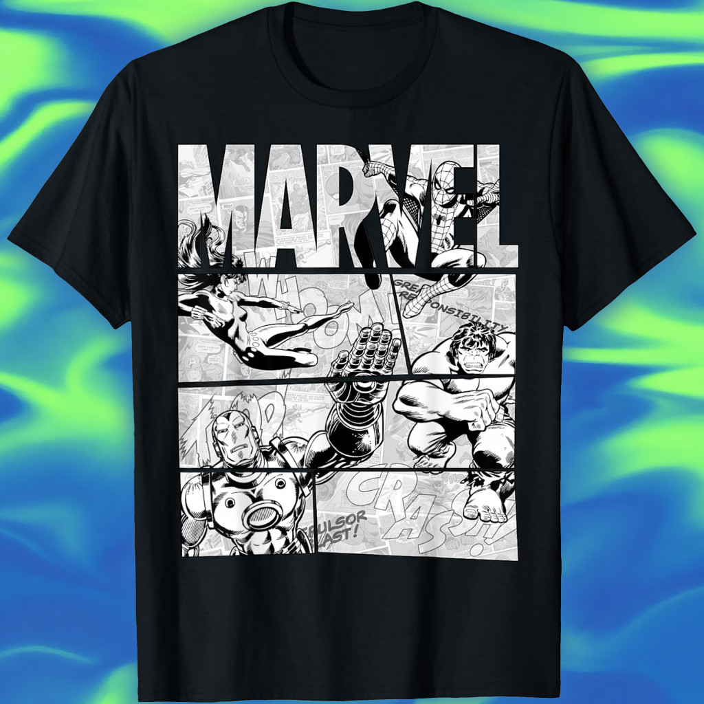 Makeyoushine X Generation90 Marvel Avengers Retro สีดําและสีขาวเสื้อยืดกราฟิกการ์ตูน – Vintage 90s R