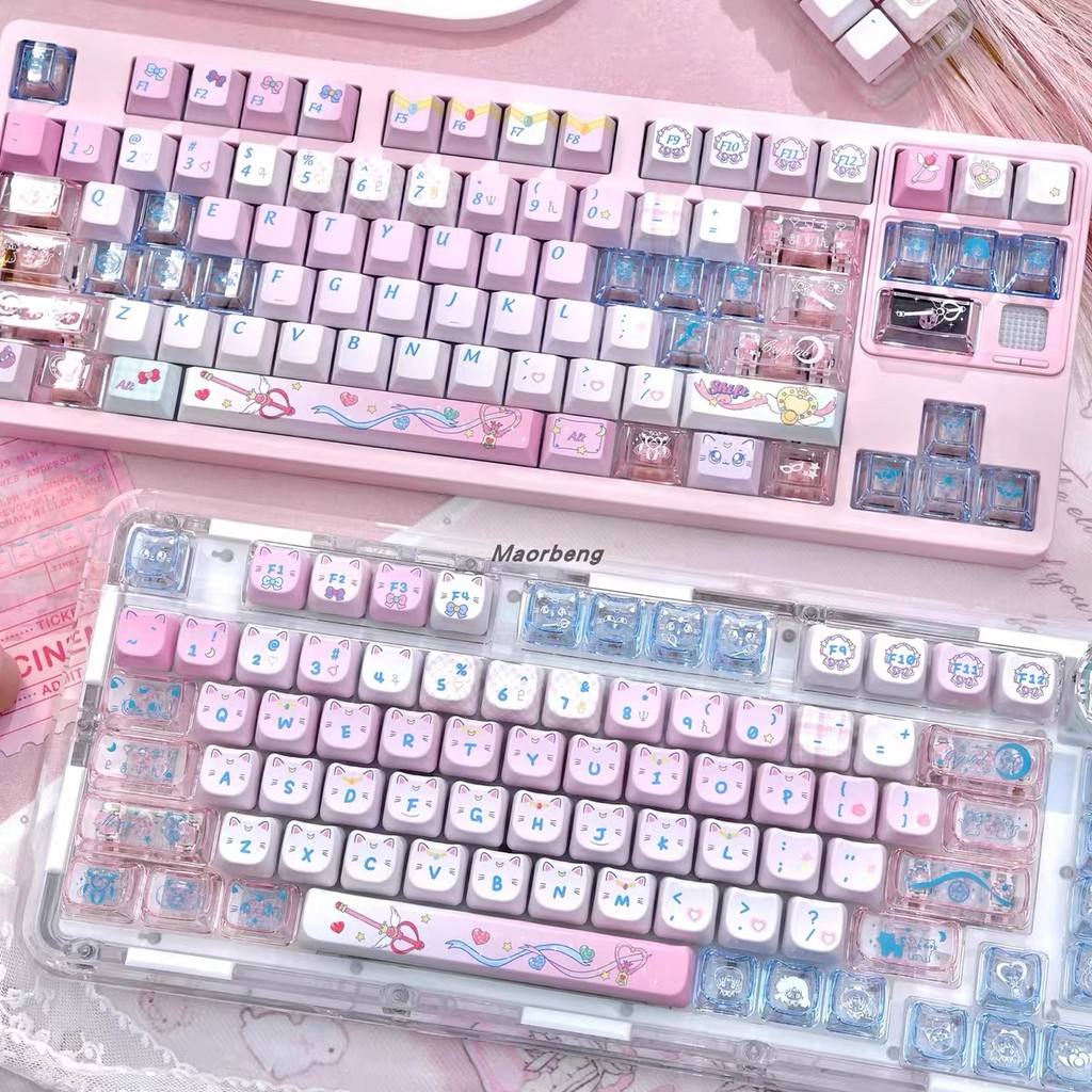 Moonlight Meow Meow Keycaps 140 คีย์ MAO ความสูง PBT วัสดุ Keycap ห้าด้านความร้อนระเหิดส่วนบุคคลสร้างสรรค์น่ารักที่กําหนดเองเครื่องจักรสีม่วง Keycaps